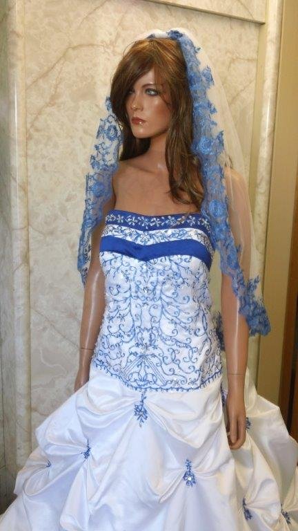 white and blue wedding gown